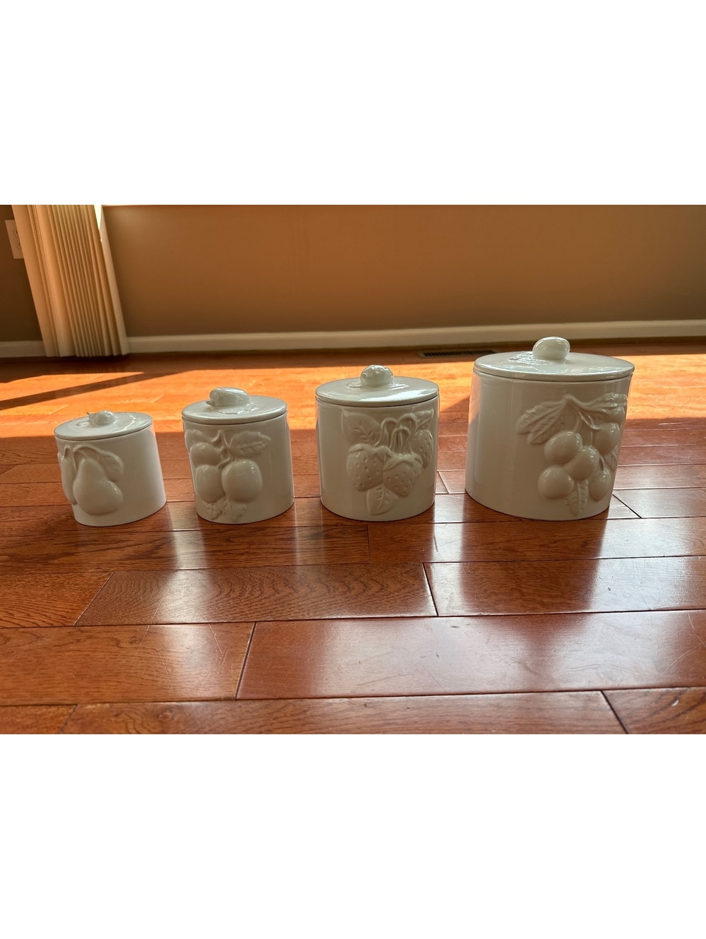 Title — under 60 characters: Vintage Portugal Ceramic Canister 4 Embossed Fruit